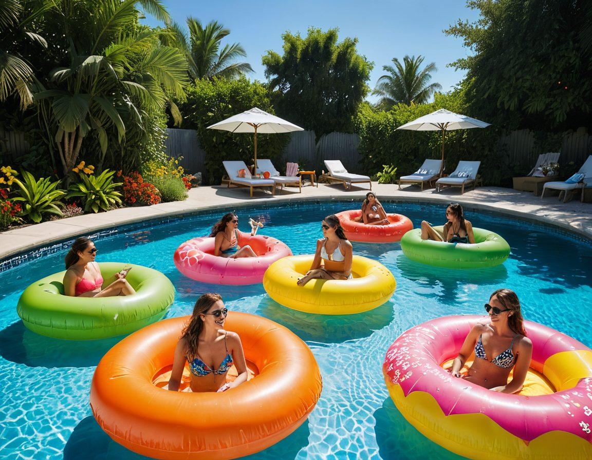 A vibrant poolside scene with friends joyfully singing by a sparkling blue pool, colorful inflatable floaties scattered around. Lush greenery and tropical flowers frame the setting, while a sunlit sky casts warm hues. Refreshing drinks with umbrellas complete the festive atmosphere. super-realistic. vibrant colors. summer theme.