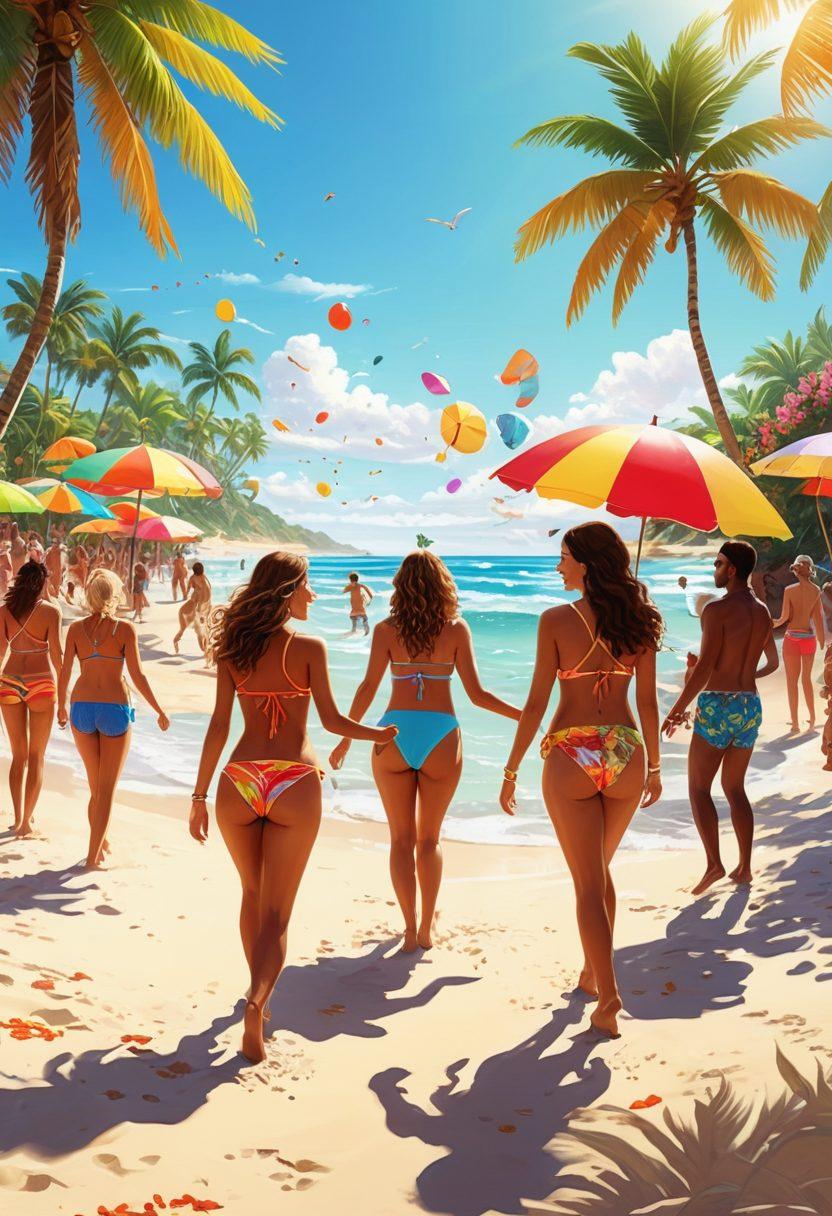 A lively beach scene featuring colorful beachwear, with people dancing and singing karaoke under a bright sun. Include vibrant tropical decorations, beach umbrellas, and musical notes floating in the air, creating a festive atmosphere. Capture a sense of joy and summer vibes, with splashes of ocean waves in the background. cartoon style. vibrant colors. sunny beach setting.
